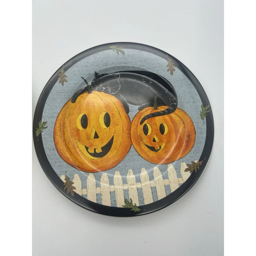 Sakura Warren Kimble Pumpkin Dreams Plates Set of 2 Halloween Jack-O-Lantern Cat